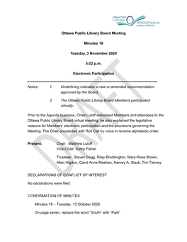 Ottawa Public Library Board Meeting Minutes 19 Tuesday, 3