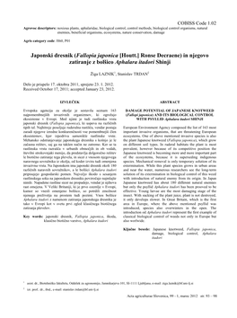 Japonski Dresnik (Fallopia Japonica [Houtt.] Ronse Decraene) in Njegovo Zatiranje Z Bolšico Aphalara Itadori Shinji