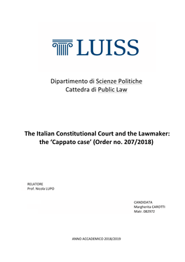 Dipartimento Di Scienze Politiche Cattedra Di Public Law the Italian