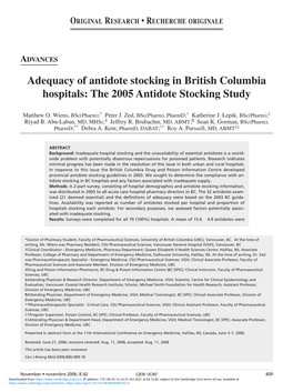 Adequacy of Antidote Stocking in British Columbia Hospitals: the 2005 Antidote Stocking Study