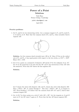 Power of a Point Solutions Yufei Zhao Trinity College, Cambridge Yufei.Zhao@Gmail.Com April 2011