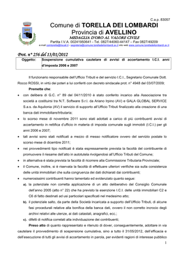 Comune Di TORELLA DEI LOMBARDI Provincia Di AVELLINO MEDAGLIA D’ORO AL VALORE CIVILE Partita I.V.A