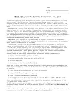 PHYS 133 Academic Honesty Worksheet - Fall 2015