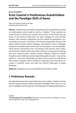 Ernst Cassirer’S Posthumous Grandchildren and the Paradigm Shift of Davos Published Online April 16, 2021