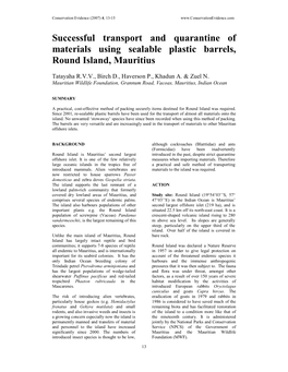 Successful Transport and Quarantine of Materials Using Sealable Plastic Barrels, Round Island, Mauritius