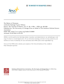 The Nature of Rousseau Author(S): Burleigh Taylor Wilkins Source: the Journal of Politics, Vol