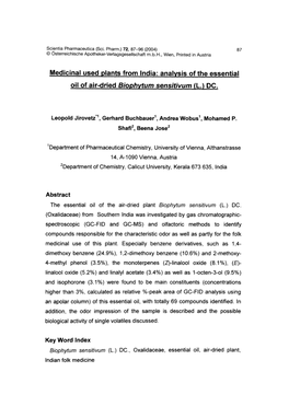 Medicinal Used Plants from Lndia: Analysis of the Essential Oil of Air-Dried Biophvtum Sensitivum (L.) DC