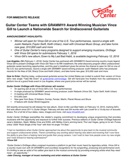 Guitar Center Teams with GRAMMY® Award-Winning Musician Vince Gill to Launch a Nationwide Search for Undiscovered Guitarists