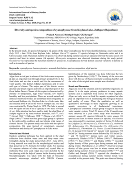 Diversity and Species Composition of Cyanophyceae from Kaylana Lake, Jodhpur (Rajasthan)