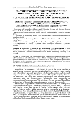 Contribution to the Study of Eulophidae (Hymenoptera: Chalcidoidea) of Fars Province of Iran: I- Subfamilies Entedoninae and Tetrastichinae