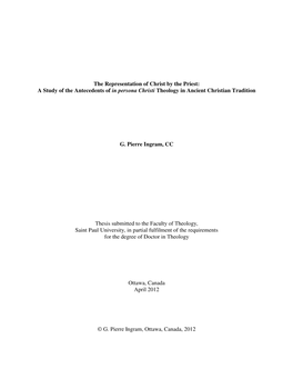 A Study of the Antecedents of in Persona Christi Theology in Ancient Christian Tradition