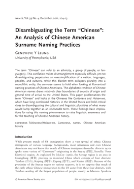 An Analysis of Chinese American Surname Naming Practices Genevieve Y Leung University of Pennsylvania, USA