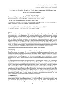 Pre-Service English Teachers' Beliefs on Speaking Skill Based on Motivational Orientations