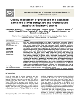 Quality Assessment of Processed and Packaged Garnished Clarias Gariepinus and Archachatina Marginata (Swainson) Snacks