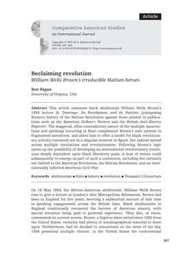 Reclaiming Revolution William Wells Brown’S Irreducible Haitian Heroes