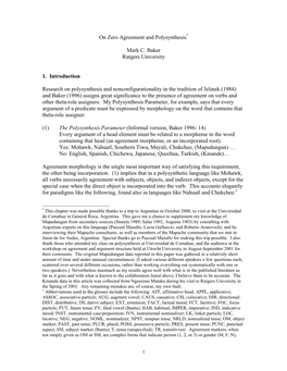 On Zero Agreement and Polysynthesis* Mark C. Baker Rutgers University