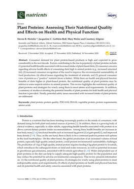 Plant Proteins: Assessing Their Nutritional Quality and Eﬀects on Health and Physical Function