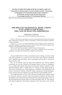 The Role of Traditional Music Among East African Societies1: the Case of Selected Aerophones