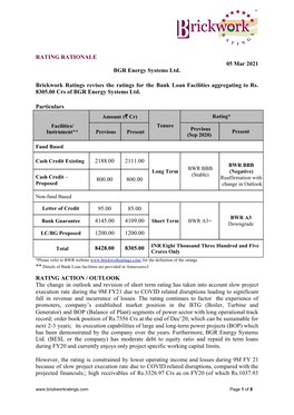 RATING RATIONALE 05 Mar 2021 BGR Energy Systems Ltd