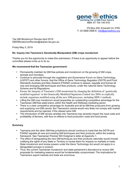 1 • Ensure the Integrity of Tasmania's GM Moratorium by Changing the Definition of 'Genetically Modified Organism' in Th