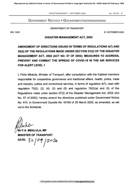 Disaster Management Act (57/2002): Amendment to the Air Services