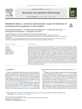 Hemidesmus Indicus , a Traditional Medicinal Plant, Targets the Adherence of Multidrug-Resistant Pathogens to Form Biofilms