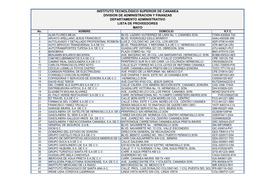 INSTITUTO TECNOLÓGICO SUPERIOR DE CANANEA DIVISION DE ADMINISTRACION Y FINANZAS DEPARTAMENTO ADMINISTRATIVO LISTA DE PROVEEDORES MAYO No