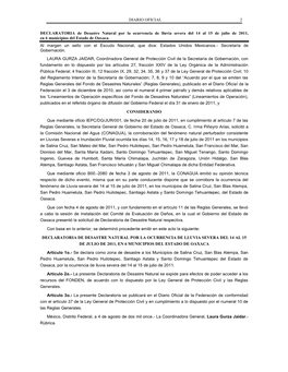 DIARIO OFICIAL 2 DECLARATORIA De Desastre Natural Por La Ocurrencia De Lluvia Severa Del 14 Al 15 De Julio De 2011, En 6 Municip