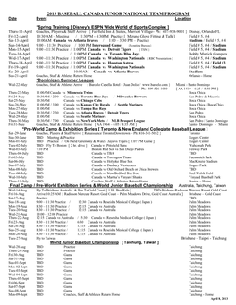 2013 BASEBALL CANADA JUNIOR NATIONAL TEAM PROGRAM Date Event Location