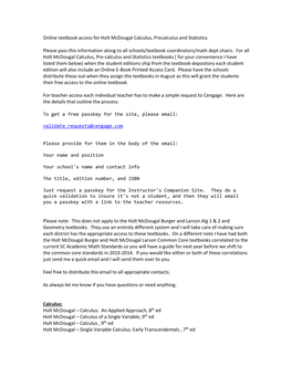 Online Textbook Access for Holt Mcdougal Calculus, Precalculus and Statistics