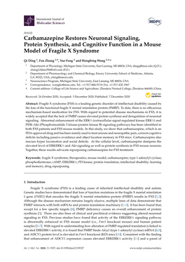 Carbamazepine Restores Neuronal Signaling, Protein Synthesis, and Cognitive Function in a Mouse Model of Fragile X Syndrome