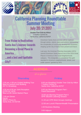 California Planning Roundtable Summer Meeting July 20/21 2017 Double Tree Club by Hilton 7 Hutton Centre Dr
