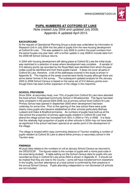 Pupil Numbers from the New Village of Cotford St Luke