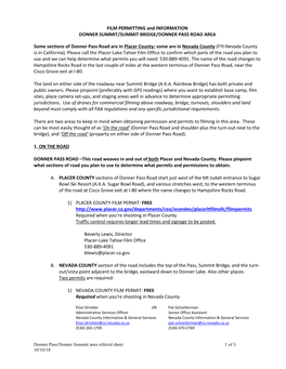 FILM PERMITTING and INFORMATION DONNER SUMMIT/SUMMIT BRIDGE/DONNER PASS ROAD AREA