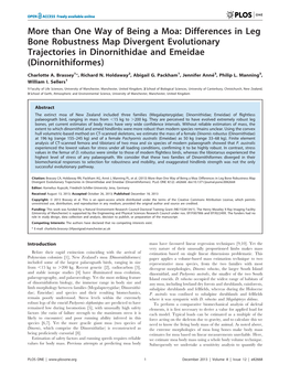 More Than One Way of Being a Moa: Differences in Leg Bone Robustness Map Divergent Evolutionary Trajectories in Dinornithidae and Emeidae (Dinornithiformes)