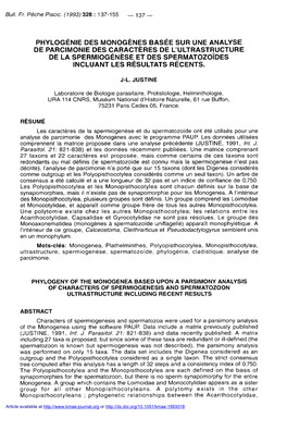 Phylogénie Des Monogènes Basée Sur Une Analyse De Parcimonie Des