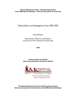 Saint John As an Immigrant City: 1851-1951