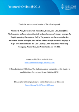 Fission, Fusion and Syncretism: Linguistic and Environmental Changes Amongst the Tangkic People of the Southern Gulf of Carpentaria, Northern Australia