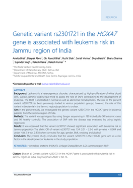 Genetic Variant Rs2301721 in the HOXA7 Gene Is Associated with Leukemia Risk in Jammu Region of India
