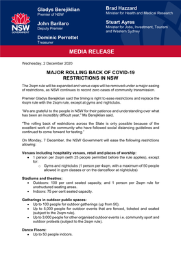 Major Rolling Back of Covid-19 Restrictions in Nsw