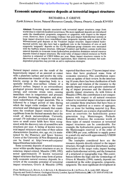 Economic Natural Resource Deposits at Terrestrial Impact Structures