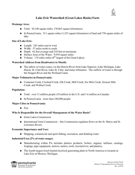 Lake Erie Watershed (Great Lakes Basin) Facts