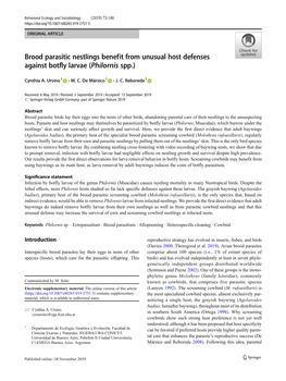 Brood Parasitic Nestlings Benefit from Unusual Host Defenses Against Botfly Larvae (Philornis Spp.)