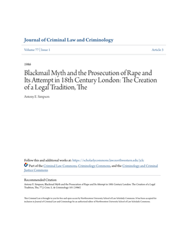 Blackmail Myth and the Prosecution of Rape and Its Attempt in 18Th Century London: the Rc Eation of a Legal Tradition, the Antony E