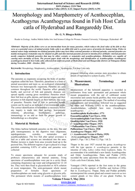 Morophology and Marphometry of Acnthocephlan, Acathogyrus Acanthogyrus Found in Fish Host Catla Catla of Hyderabad and Rangareddy Dist