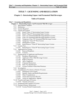 Title 7 – Licensing and Regulation, Chapter 2 – Intoxicating Liquor and Fermented Malt Beverages