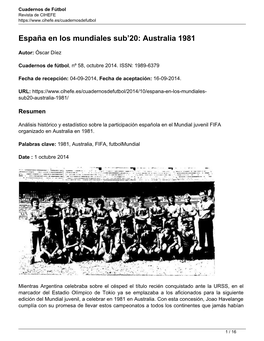 España En Los Mundiales Sub'20: Australia 1981