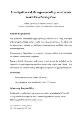 Investigation and Management of Hyponatraemia in Adults in Primary Care