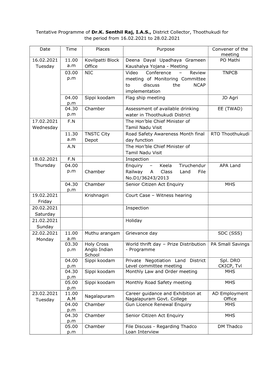 Tentative Programme of Dr.K. Senthil Raj, I.A.S., District Collector, Thoothukudi for the Period from 16.02.2021 to 28.02.2021