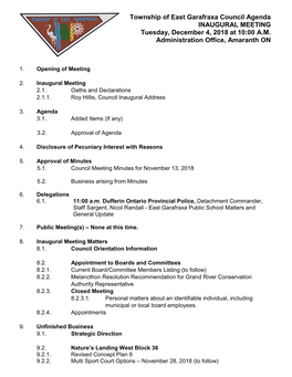 Township of East Garafraxa Council Agenda INAUGURAL MEETING Tuesday, December 4, 2018 at 10:00 A.M